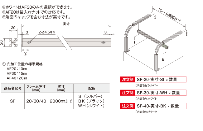 ※ホワイトはAF30のみの選択ができます。 ※AF20は後入れナットでの対応です。 ※端面のキャップを含む寸法が実寸です。