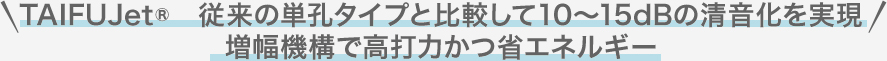 TAIFUJet®　従来の単孔タイプと比較して10～15dBの清音化を実現 増幅機構で高打力かつ省エネルギー